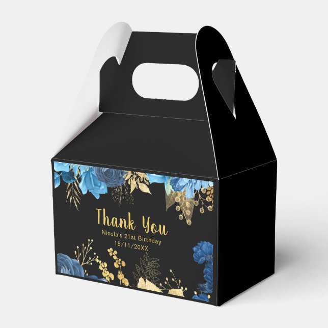 Elegant Blue and Gold Flowers Birthday Party Favour Box (Front Side)