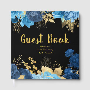 Elegant Blue and Gold Flowers Birthday Party Guest Book