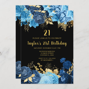 Elegant Blue and Gold Flowers Birthday Party Invitation