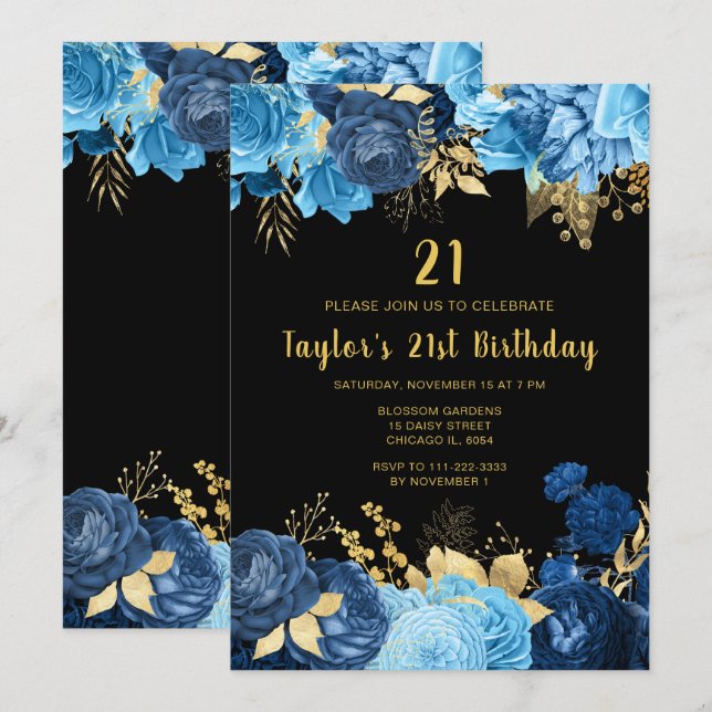 Elegant Blue and Gold Flowers Birthday Party Invitation (Front/Back)