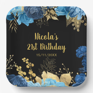 Elegant Blue and Gold Flowers Birthday Party  Paper Plate