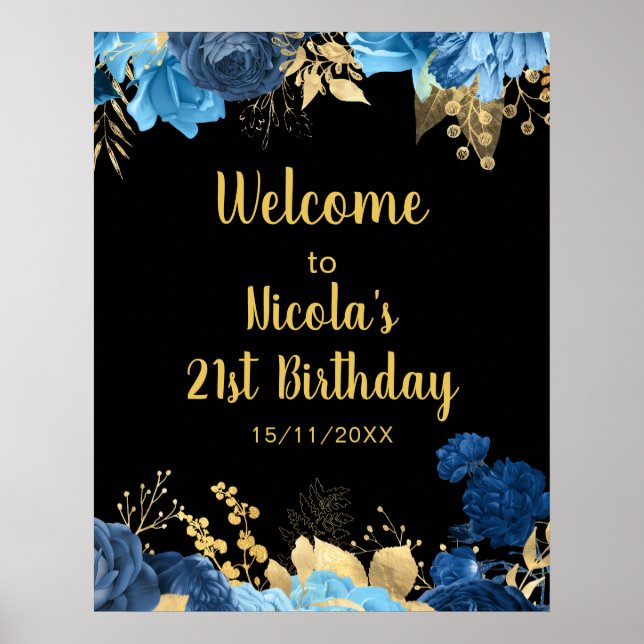 Elegant Blue and Gold Flowers Birthday Party Poster (Front)