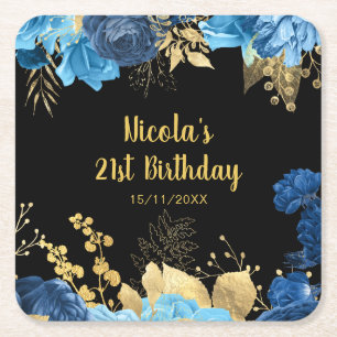 Elegant Blue and Gold Flowers Birthday Party Square Paper Coaster