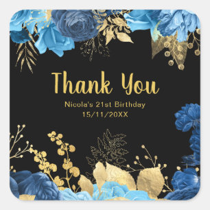 Elegant Blue and Gold Flowers Birthday Party Square Sticker