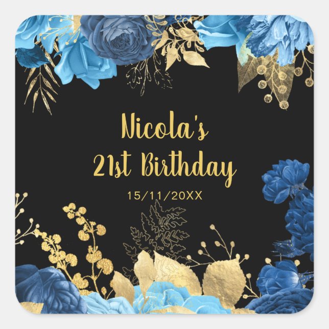 Elegant Blue and Gold Flowers Birthday Party  Square Sticker (Front)
