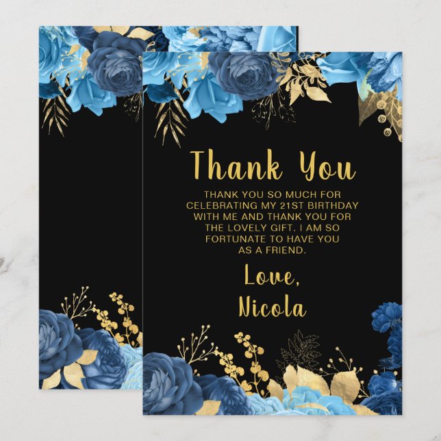 Elegant Blue and Gold Flowers Birthday Party Thank You Card (Front/Back)