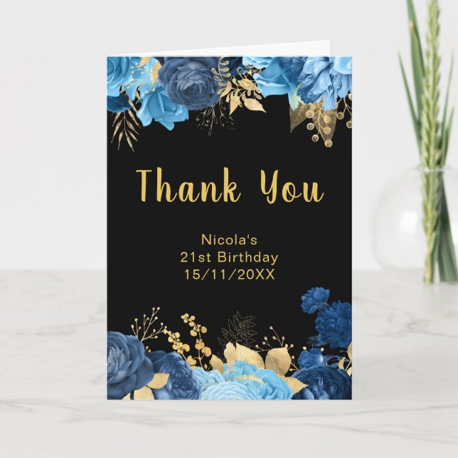Elegant Blue and Gold Flowers Birthday Party Thank You Card (Front)