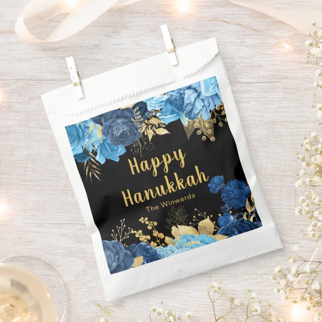 Elegant Blue and Gold Flowers Hanukkah Party Favour Bags (Clipped)