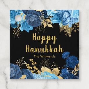 Elegant Blue and Gold Flowers Hanukkah Party Favour Tags