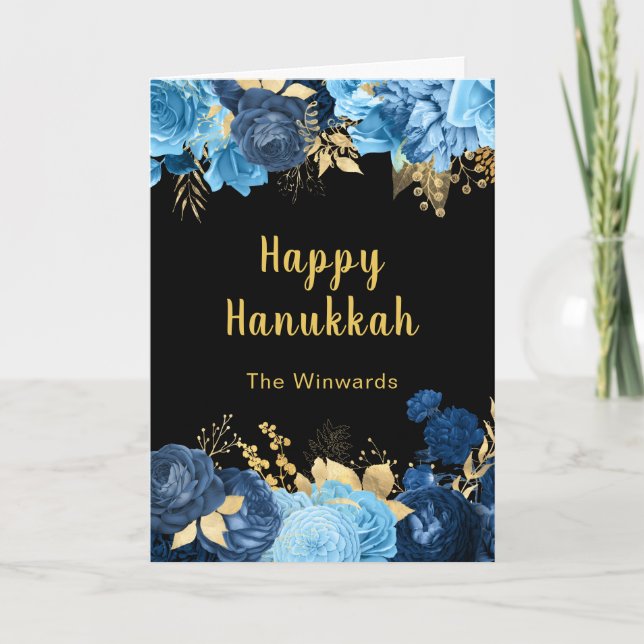 Elegant Blue and Gold Flowers Hanukkah Party Holiday Card (Front)