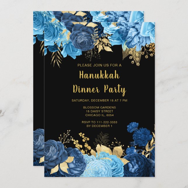Elegant Blue and Gold Flowers Hanukkah Party Invitation (Front/Back)