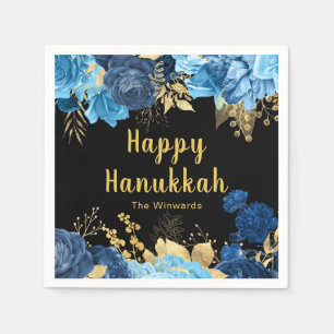 Elegant Blue and Gold Flowers Hanukkah Party Napkin