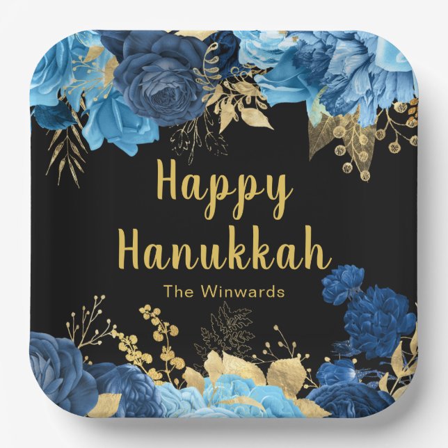 Elegant Blue and Gold Flowers Hanukkah Party Paper Plate (Front)