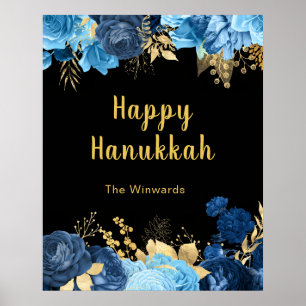 Elegant Blue and Gold Flowers Hanukkah Party Poster
