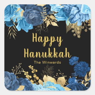Elegant Blue and Gold Flowers Hanukkah Party Square Sticker