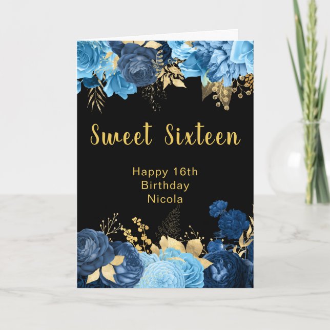Elegant Blue and Gold Flowers Sweet Sixteen Card (Front)