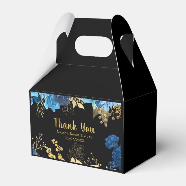 Elegant Blue and Gold Flowers Sweet Sixteen Favour Box (Front Side)