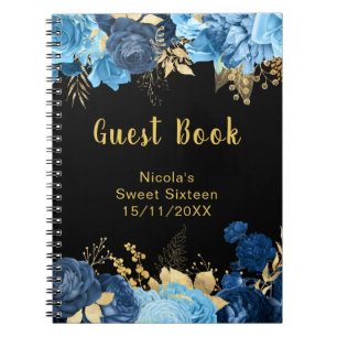 Elegant Blue and Gold Flowers Sweet Sixteen Notebook