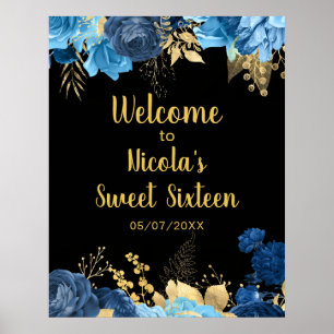 Elegant Blue and Gold Flowers Sweet Sixteen Poster