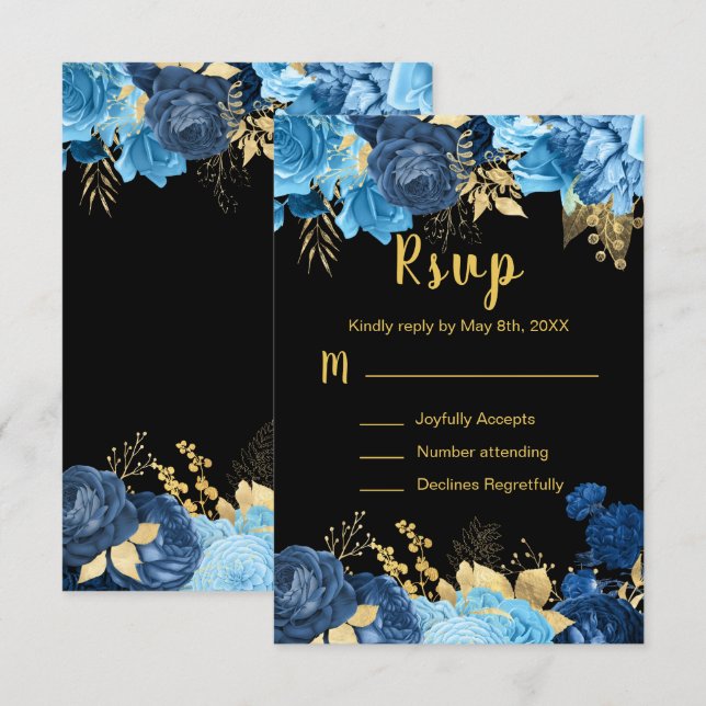 Elegant Blue and Gold Flowers Sweet Sixteen RSVP Card (Front/Back)