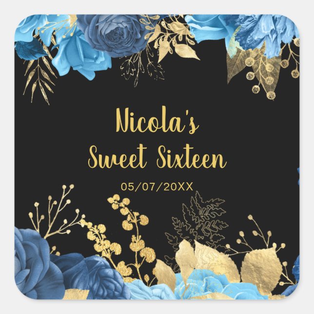 Elegant Blue and Gold Flowers Sweet Sixteen Square Sticker (Front)