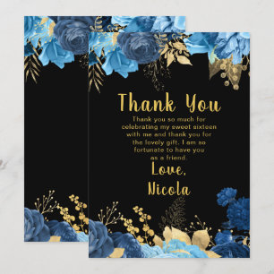 Elegant Blue and Gold Flowers Sweet Sixteen Thank You Card