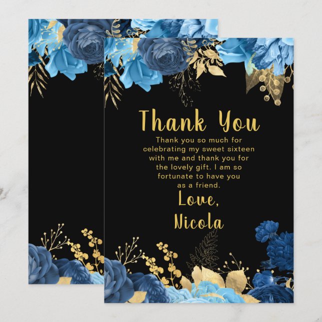 Elegant Blue and Gold Flowers Sweet Sixteen Thank You Card (Front/Back)