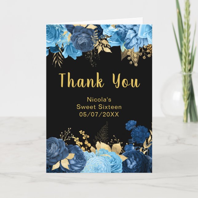 Elegant Blue and Gold Flowers Sweet Sixteen Thank You Card (Front)