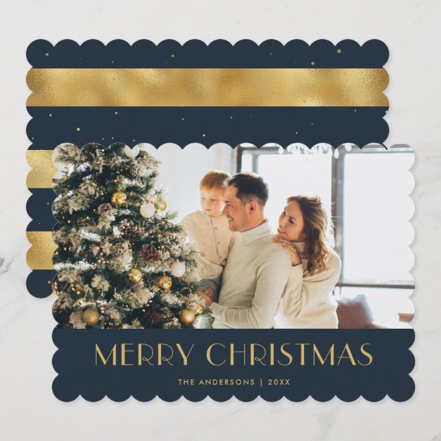 Elegant Blue and Gold Foil Photo Christmas Card (Front/Back)