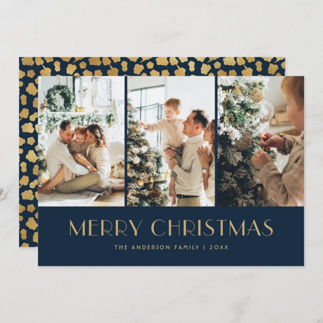 Elegant Blue and Gold Foil Stars Photo Christmas Holiday Card (Front/Back)