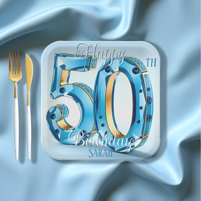 Elegant Blue and Gold Gemstone 50th Birthday Paper Plate (Creator Uploaded)