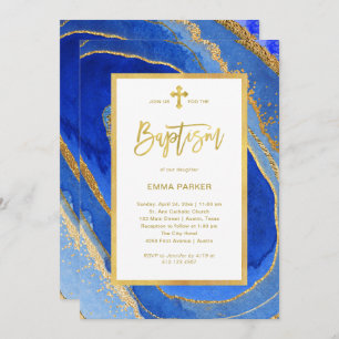 Elegant Blue and Gold Geode   Baptism Invitation