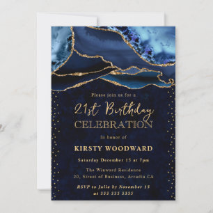 Elegant Blue and Gold Glitter Agate 21st Birthday Invitation