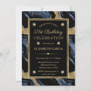 Elegant Blue and Gold Glitter Agate 21st Birthday Invitation