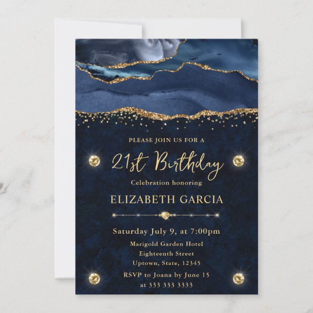 Elegant Blue and Gold Glitter Agate 21st Birthday Invitation (Front)