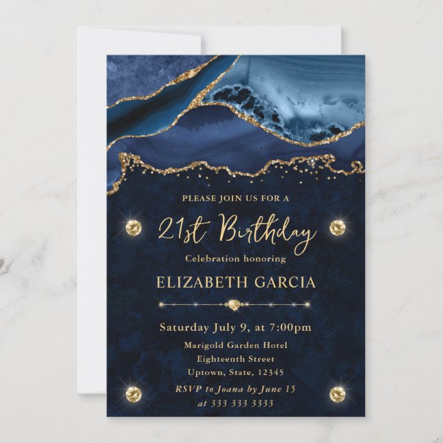 Elegant Blue and Gold Glitter Agate 21st Birthday Invitation (Front)
