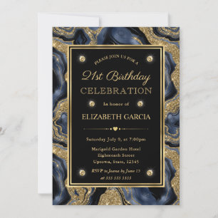 Elegant Blue and Gold Glitter Agate 21st Birthday Invitation