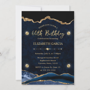 Elegant Blue and Gold Glitter Agate 60th Birthday Invitation