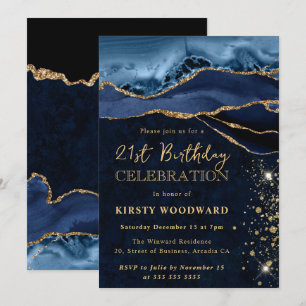 Elegant Blue and Gold Glitter Agate Birthday Invitation