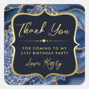Elegant Blue and Gold Glitter Agate Birthday Square Sticker