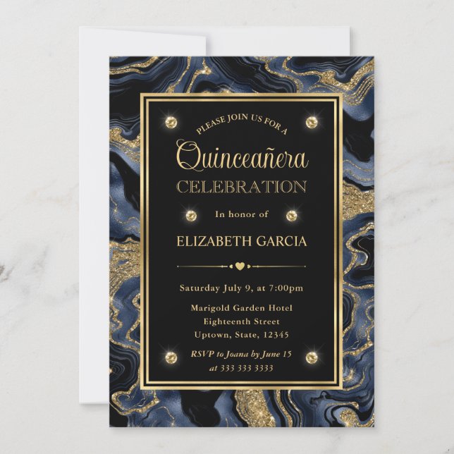 Elegant Blue and Gold Glitter Agate Quinceanera Invitation (Front)