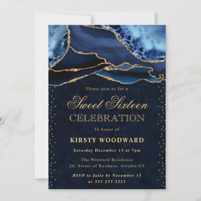 Elegant Blue and Gold Glitter Agate Sweet 16 Invitation (Front)