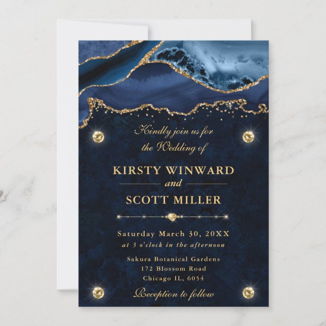 Elegant Blue and Gold Glitter Agate Wedding Invitation (Front)