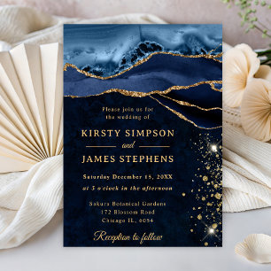 Elegant Blue and Gold Glitter Agate Wedding Invitation