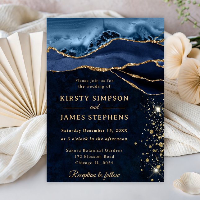 Elegant Blue and Gold Glitter Agate Wedding Invitation (Creator Uploaded)