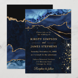 Elegant Blue and Gold Glitter Agate Wedding Invitation