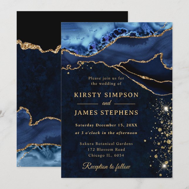 Elegant Blue and Gold Glitter Agate Wedding Invitation (Front/Back)
