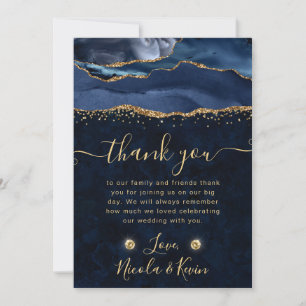 Elegant Blue and Gold Glitter Agate Wedding Thank You Card