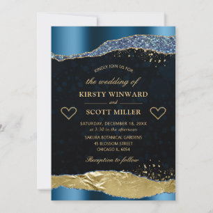 Elegant Blue and Gold Glitter Glam Tears Wedding Invitation