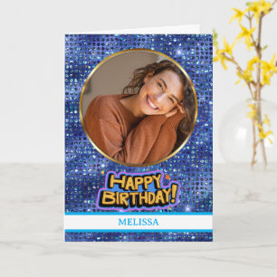Elegant Blue and Gold Glitter Photo Name Birthday Card